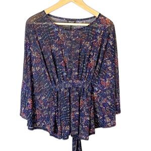 Topshop Women's Black Abstract Print Sheer Batwing Tie-Back Poncho Top Size 8